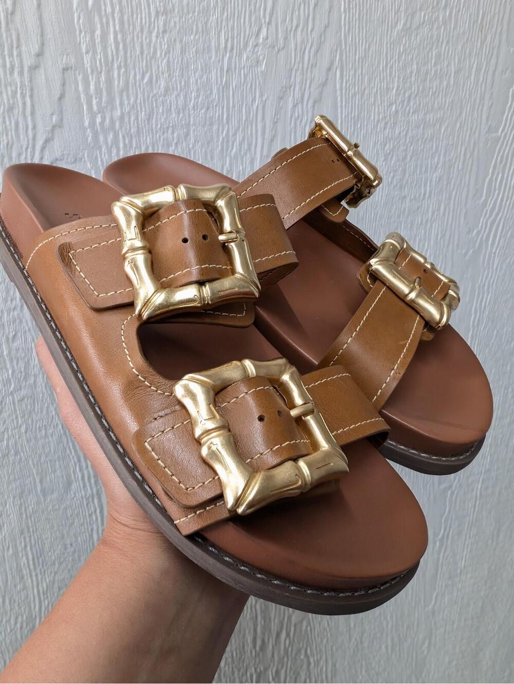 SHUTZ Enola Sporty Leather Slides Sandals Gold Buckles Women's Size 8 - Picture 7 of 9